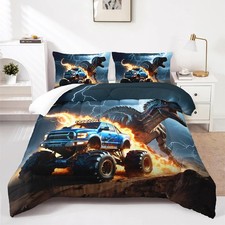 Boys 3D Dinosaur Comforter Set Twin Size, Monster Truck Black Sky Lightning R...