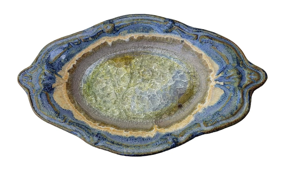 Centro de vidrio agrietado para baratija/jabonera esmalte por goteo de cerámica artística hecho en EE. UU. azul Foto 3 de 4