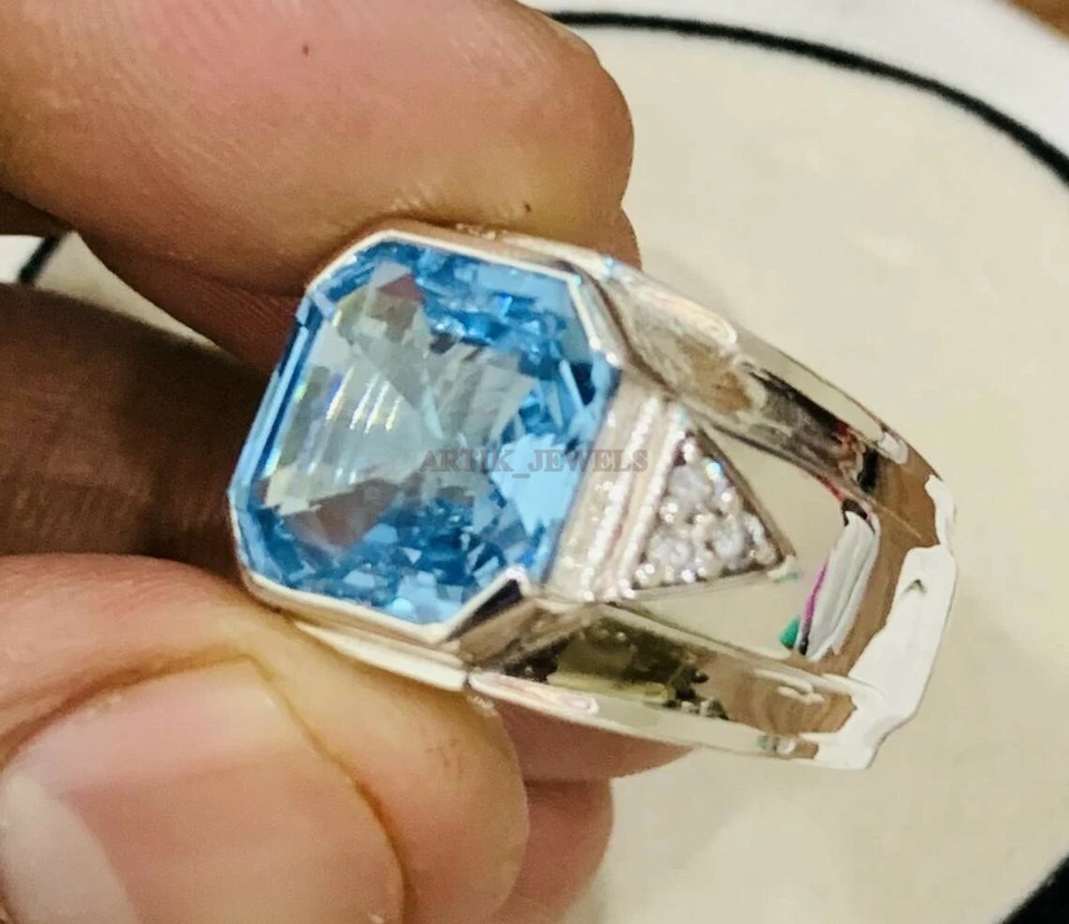 Natural Blue Topaz Gemstone with 14K White Gold Plated Silver Ring for Men AJ479 - Image 3 of 4
