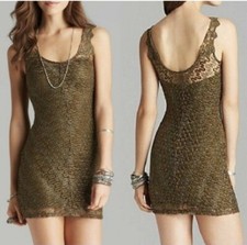 Free People Foiled Again Lace Bodycon Dress Olive Green Metallic Size Small