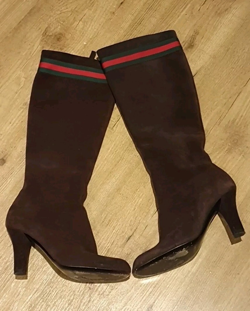 GUCCI BOOTS KNEE HIGH BROWN SUEDE LEATHER WEB STRIPE SIZE 36 UK3