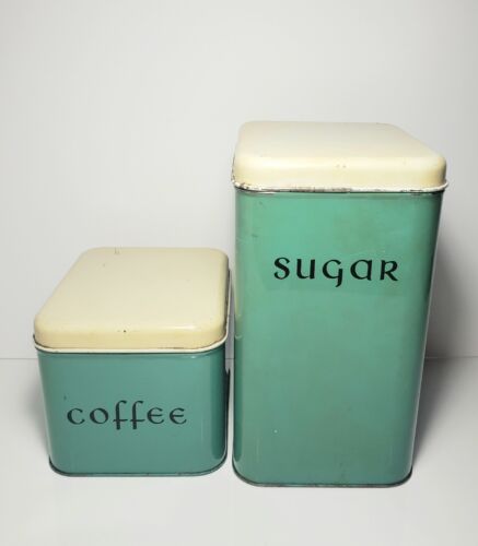 Turquoise Harvell Kitchen Canister Set Space Saver Metal Coffee Sugar Vintage  - Picture 1 of 10