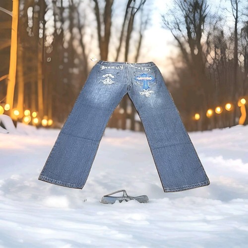 Vintage Y2K Blac Label bestickte Taschen Baggy Jeans Gr. 38 Heavy Metal Neu mit Etikett - Bild 3 von 8