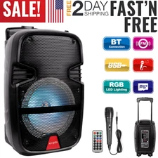 8'' Portable Bluetooth Party Speaker BT/FM/AUX Input Rechargeable w/Mic Remote 