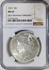 1923 Silver Peace Dollar NGC MS-63 John Newman Collection Pedigree