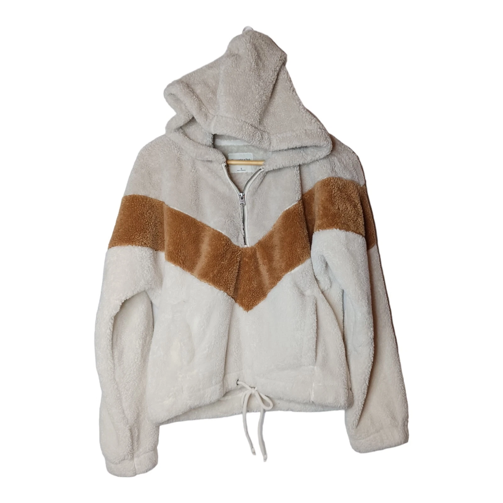OFF WHITE Abercrombie & Fitch maglione sherpa a righe panna e marrone quarto di zip taglia small