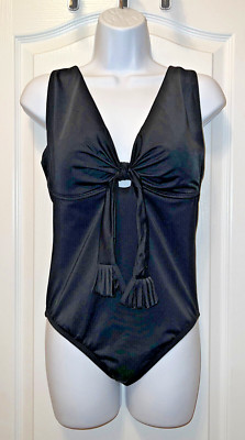 Great Lengths Swim Women's 1-Pc Black Swimsuit W/Tasseled Tie Between Cups Sz 12