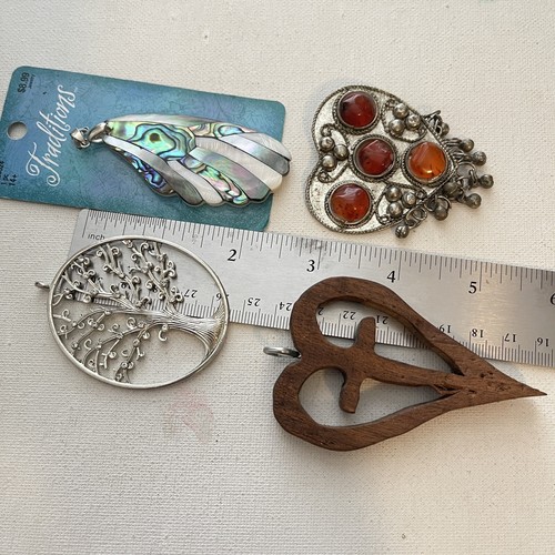 4 pc Large Statement Ethnic Pendant Abalone Tree Cross Wood Tribal Craft Lot - Picture 2 of 3