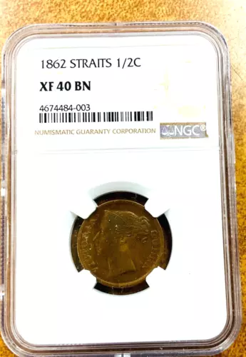1862 Straits Settlements Queen Victoria 1/2 Cent Copper Coin NGC XF40.