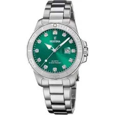 Festina Boyfriend Collection F205037 Women Silver Steel Green Dial Watch 34.5 mm