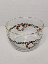 Libbey Clear Glass Christmas Holly Wreath Gold Rimmed Bowl Vintage