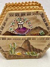 Peruvian Souvenir Leather Coasters Set Of 6 Hand Tooled Hand Painted Leather
