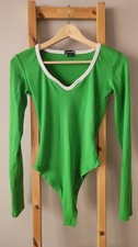 Green Boohoo bodysuit, ribbed with white outline, size 14 tall