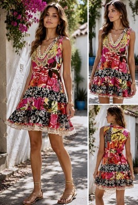  FREE PEOPLE Patchwork Dress Embellished Neck Back Cinch Boho Y2K Floral Sz M 