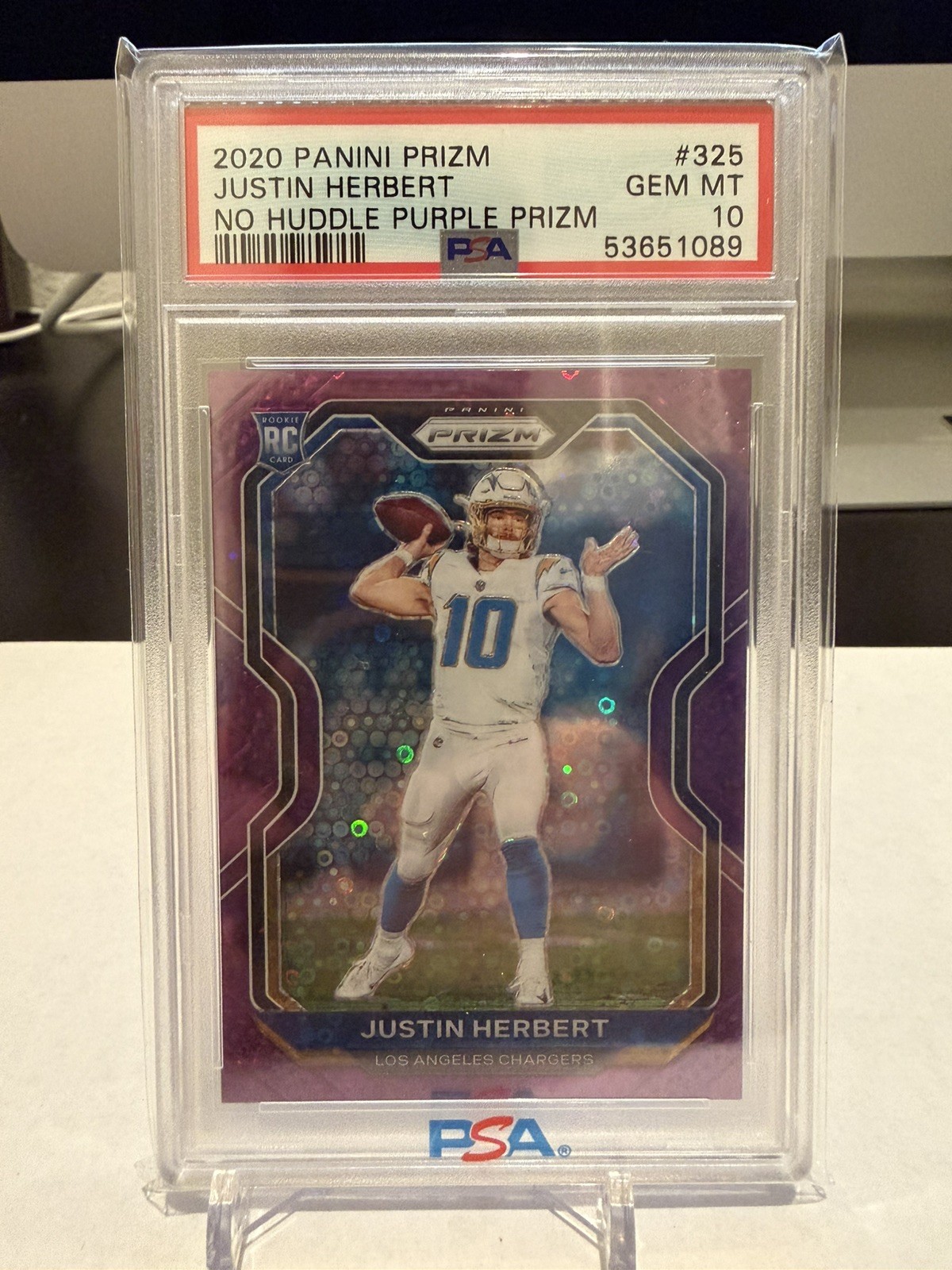 2020 Panini No Huddle Purple Prizm #325 Justin Herbert RC Rookie 21/35 PSA 10