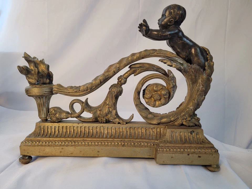 Early Louis XVI Style French Gold Gilt & Bronze Cherub Chenets - Image 2 of 4