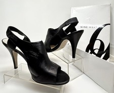 VTG Nine West Black Leather Peep Toe Slingback Stiletto Heels 4.5” High sz 10M