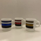 Vintage FIRE KING • ANCHOR HOCKING • Milk Glass Striped Mugs 3 blue red gold