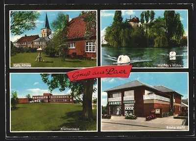 AK Laer über Münster, Kath. Kirche, Welling´s Mühle, Krankenhaus und Edeka-Mark 