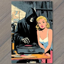 Art Print Grim Reaper Record Player Blond Woman Retro Comic Pop Art Vinyl Death