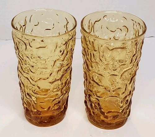 Vtg Anchor Hocking Lido Milano Honey Gold Amber Crinkle Glass Tumbler Set of 2