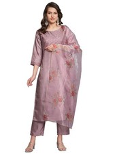 Women's Silk Blend Embroidered Straight Kurta Pant Set with Organza Dupatta