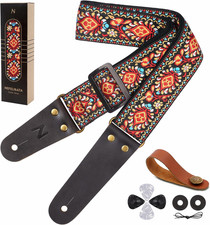 Guitar Strap, Embroidered Cotton Guitar Straps with Head Cowhide Leather Ends fo