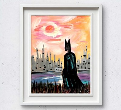 WS original bat city hand painted 14X11 canvas acrylic abstract modern fine art