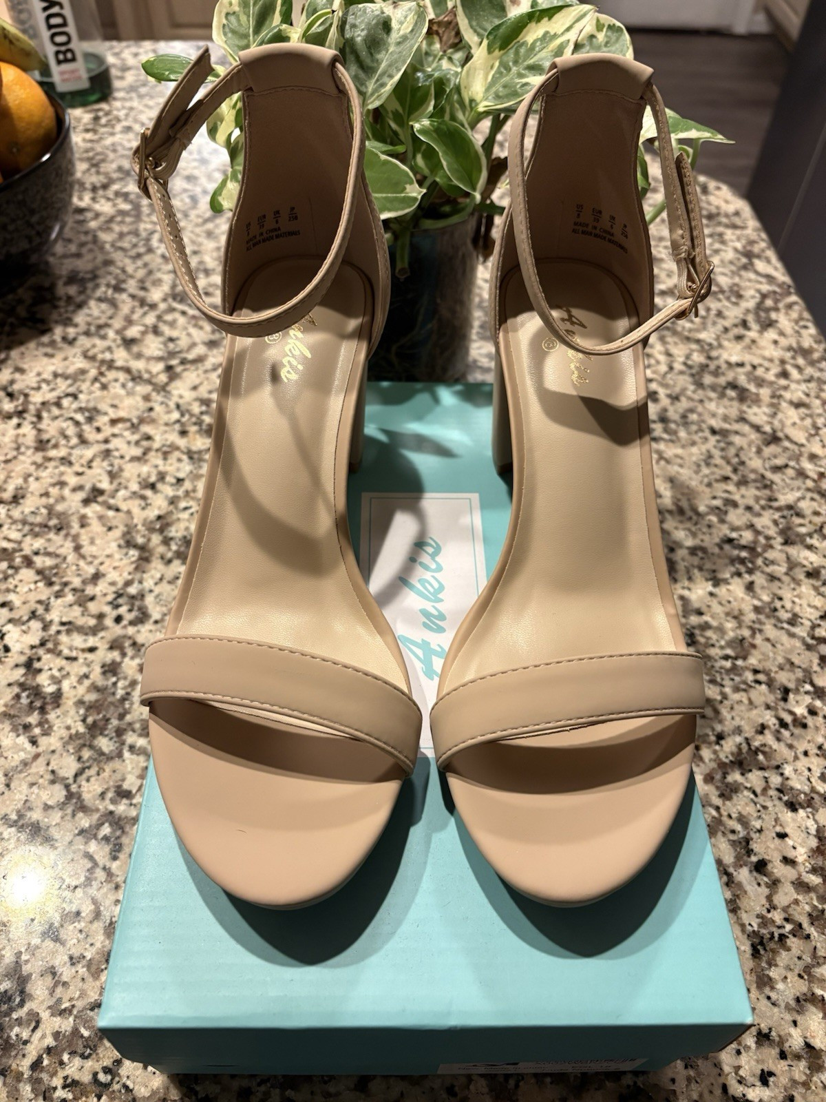 Ankis Beige Ankle Strap Buckle Block Heel Strappy Open Toe Sandals 8M