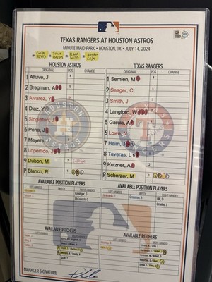 Texas Rangers Josh Smith 2 Home Run Game.  Line Up Card. MLB Authentic