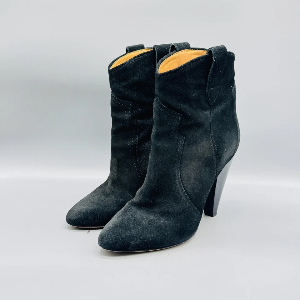 Isabel Marant Etoile Boots Womens 10 Black Suede Western Ankle Cone Heel Pull On - Image 4 of 4