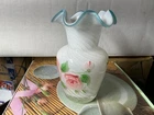Vintage Fenton Teleflora Swirl Art Glass Vase Hand Painted Aqua Blue Ruffle Rim