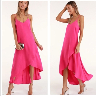 #ad NWT Lulus Sweet Surprise Bright Pink High Low Maxi Dress Size MEDIUM $40.58