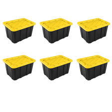 27 Gallon Tote 6Pk Rugged Plastic Storage Bin Snap-On Lid Black/Yellow 6 Pack