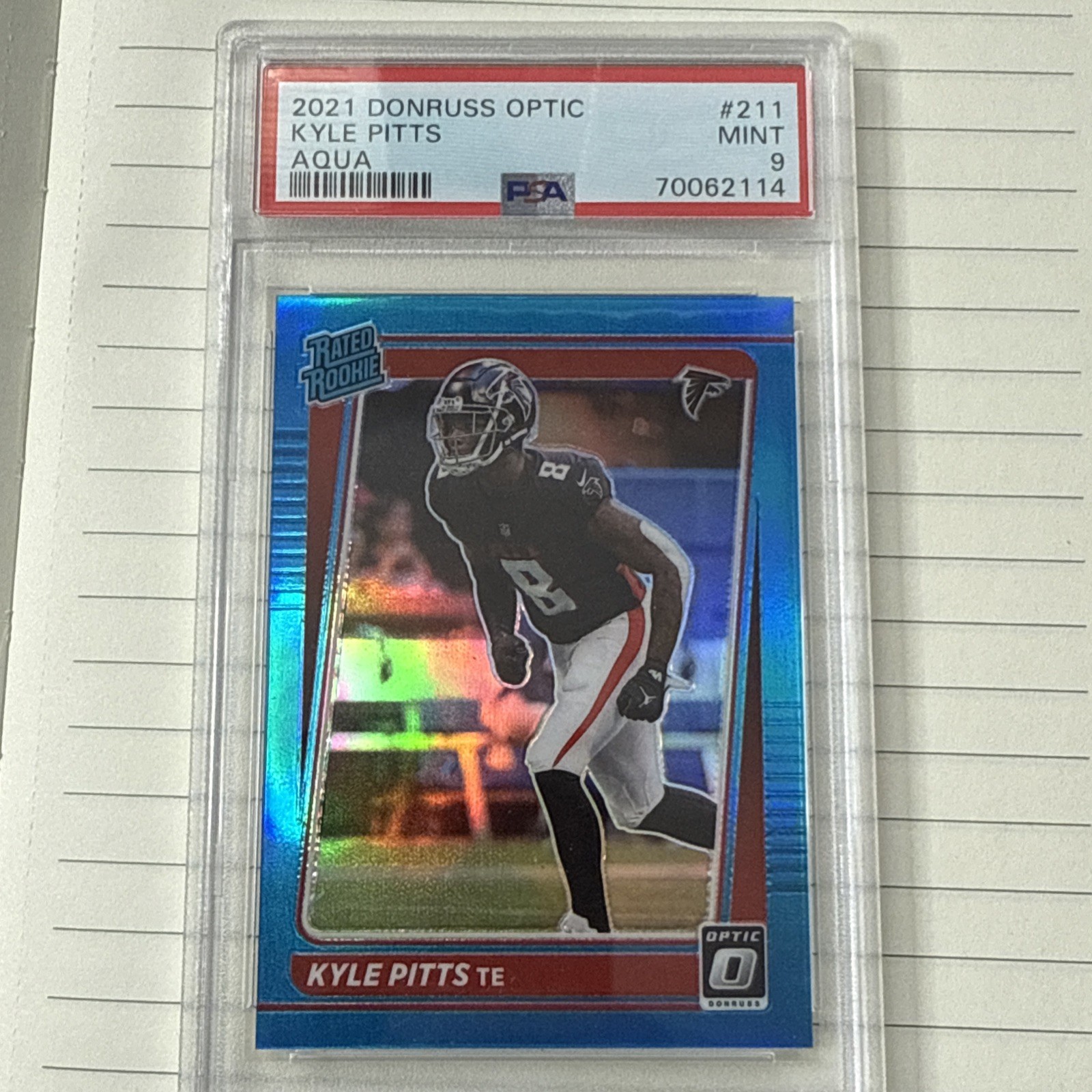2021 Donruss Optic Kyle Pitts Rated Rookie /299 aqua #211 Falcons PSA 9