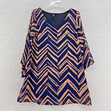 Yahada 3/4 Flair Sleeve Vneck Knee Length Shift Dress Semi Sheer Blue Orange
