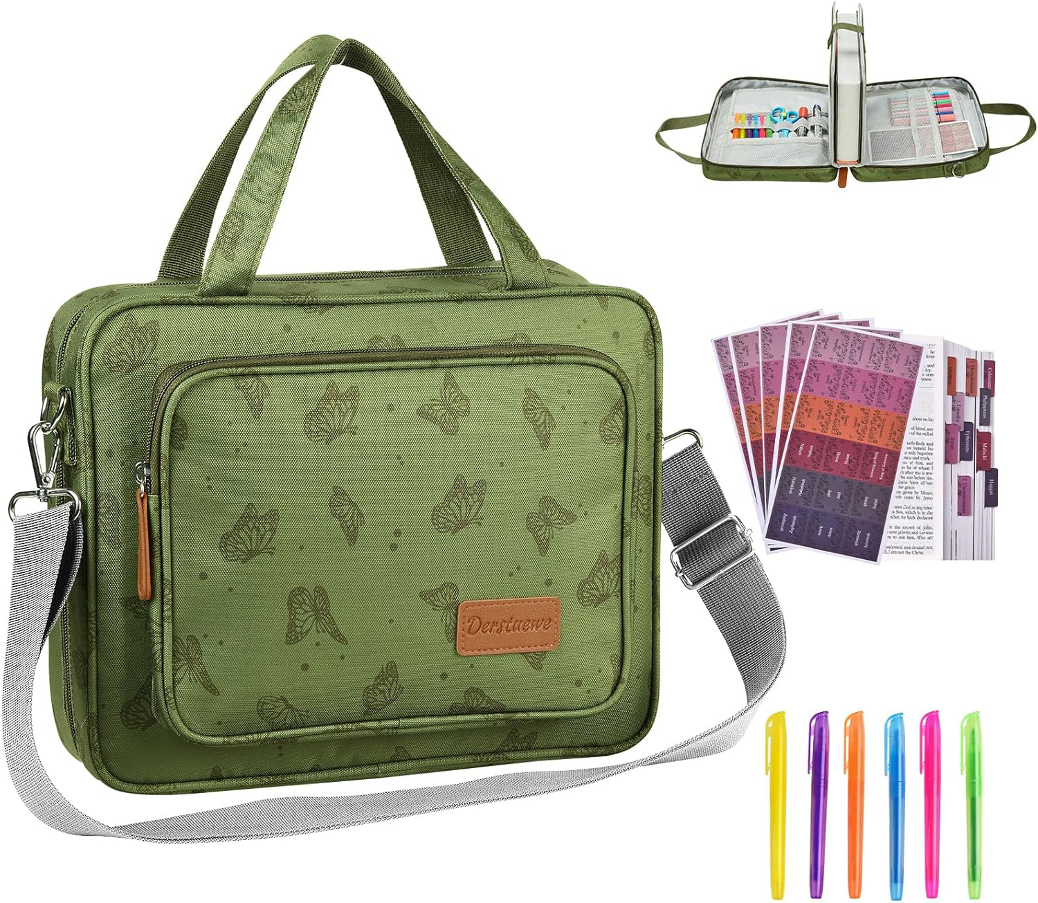 Bible Cover with Handle and Zipper Pocket - Green Butterfly Design