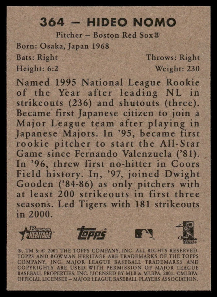 2001 Bowman Heritage #364 Hideo Nomo - Image 2 of 2