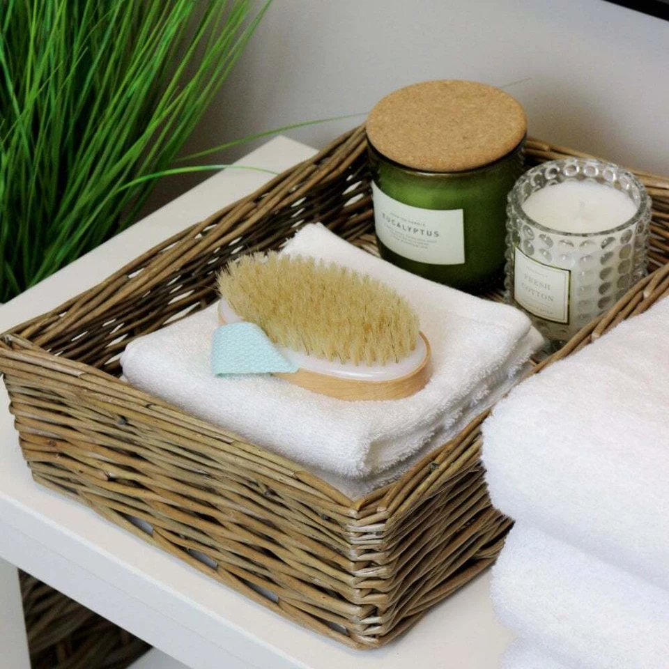 Wicker Hamper Tray Empty Grey Brown Storage Basket Shallow Woven Gift Handmade - Image 4 of 4