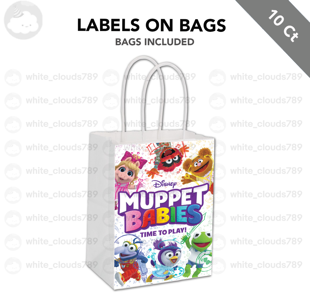 10 Muppet Babies Label on White Kraft Gift Bag Birthday Party Favor x  Kids