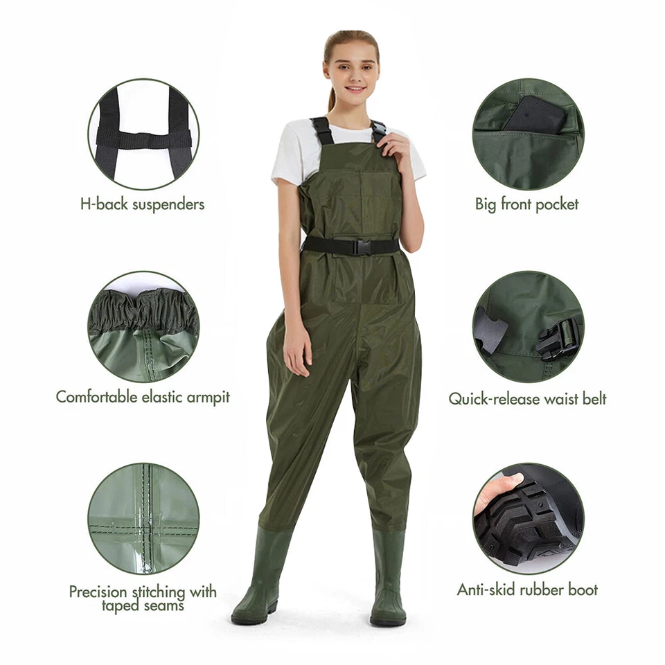 Fly Fishing Hunting Chest Waders Waterproof Stocking Foot Wader Pants with Boots - Image 3 of 4