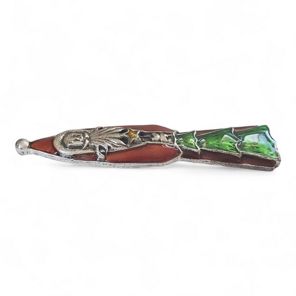 Vintage Metallic Enamel Santa Christmas Tree & Star Silver Tone Brooch