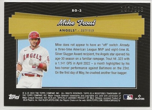 MIKE TROUT 2022 Topps Actualización NEGRO DORADO NEGRO PARALELO 107/299 LA Angels - Imagen 2 de 2