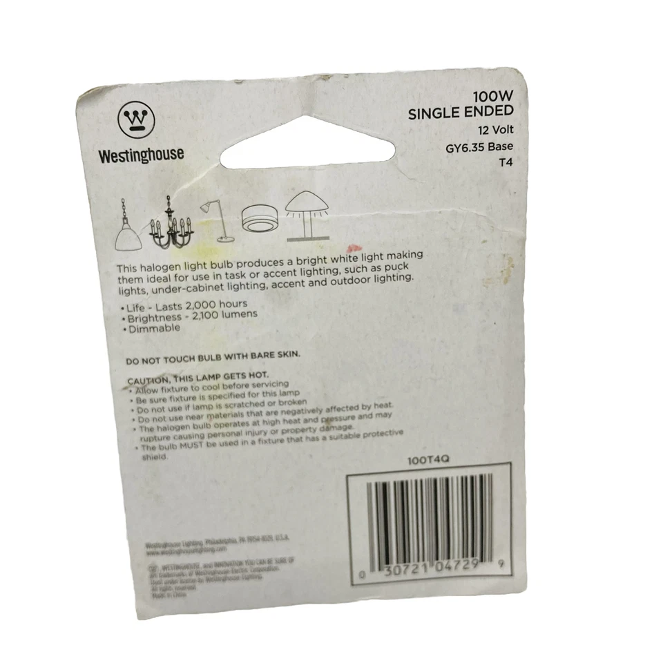 WESTINGHOUSE - 100W T4 JC Low Voltage Clear GY6.35 Base 12V -0472900 NEW - Image 2 of 2