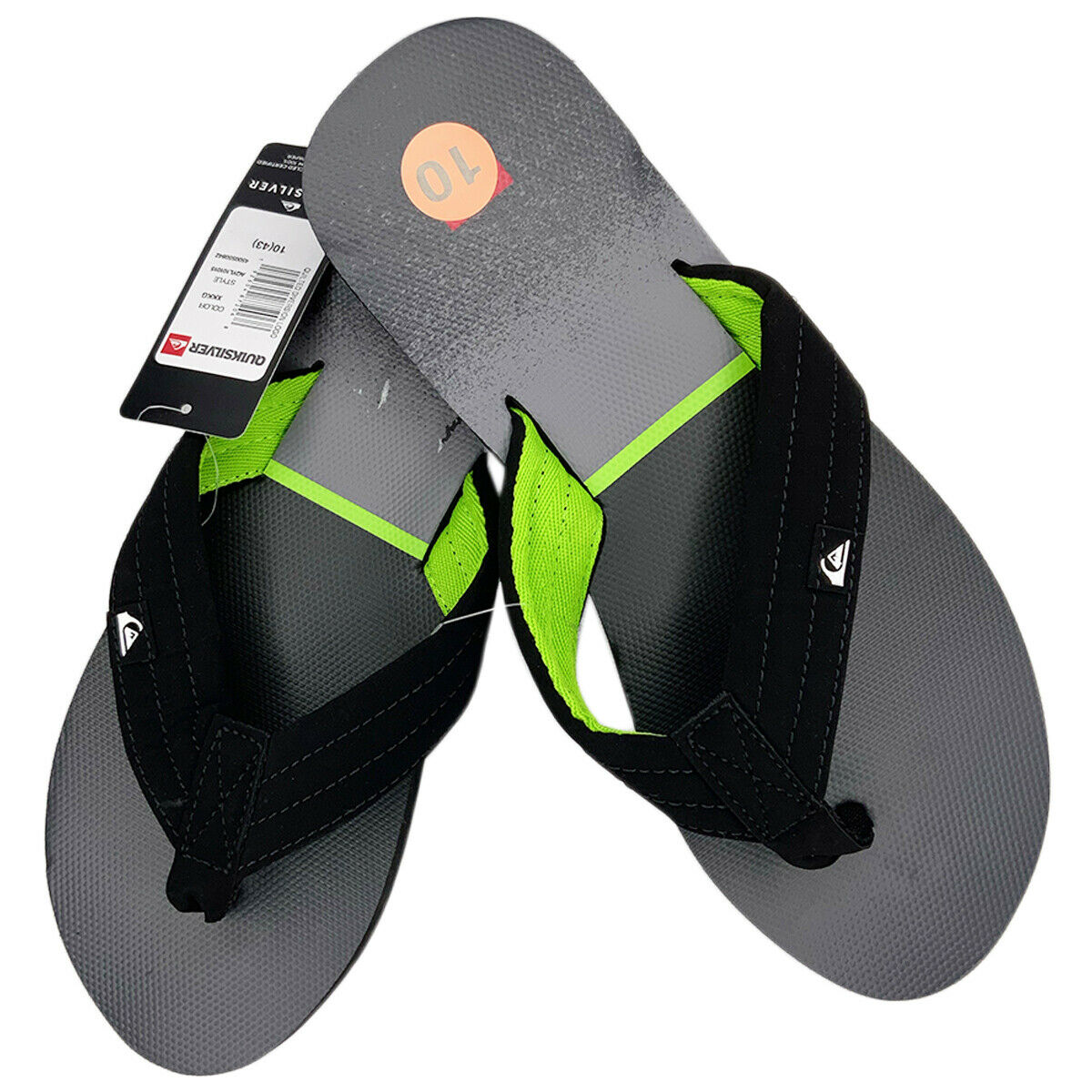 MSRP $39.99 NWT QUIKSILVER MEN GREEN GRAY BEACH WAVE THONG FLIP FLOPS SANDALS 10