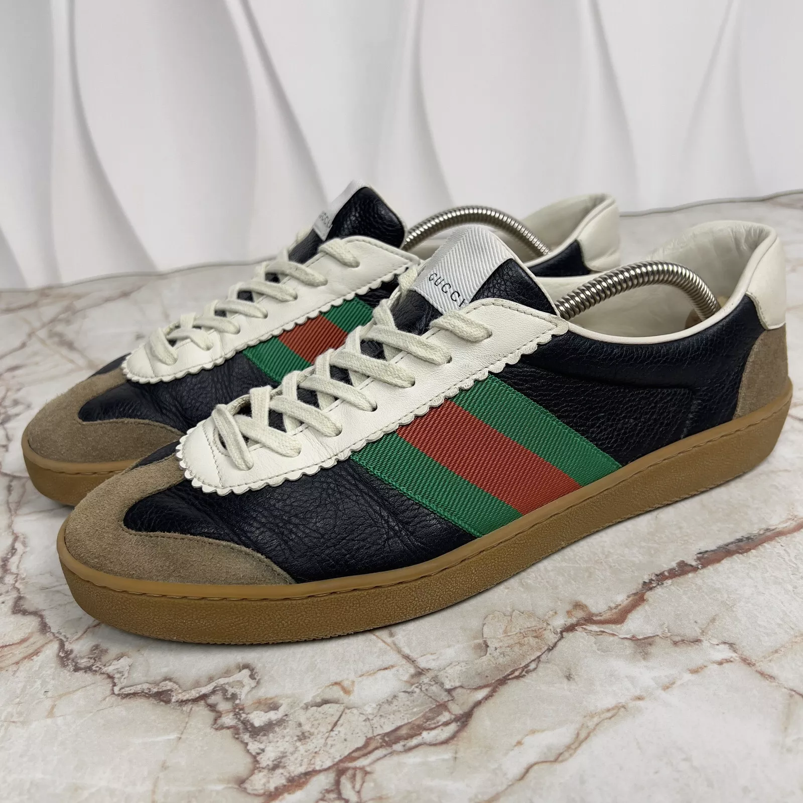 Baskets basses Gucci G74 Web Bee cuir noir daim 8 G 8,5 US