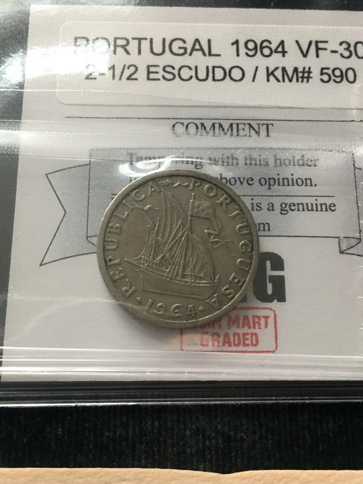 1964  Portugal,  2-1/2 Escudo  Coin Mart Graded**VF-30** KM# 590 - Image 2 of 4