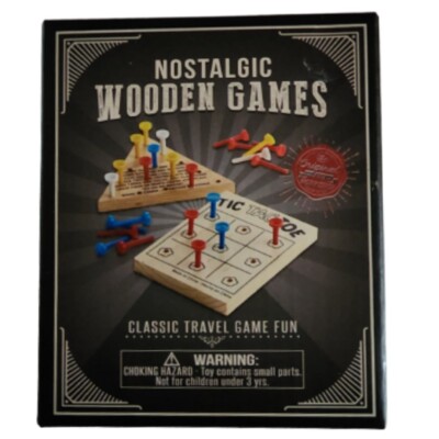 Classic Nostalgic Travel Size Wooden Games Tic-Tac-Toe Solitaire Peg Board Game