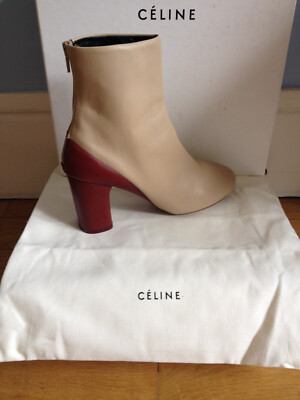 Bottes Céline Phoebe Philo - Taille 37.5 - Cuir Crème/bordeaux - Quasi Neuves - Rare