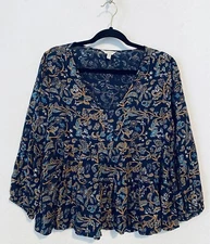 Lucky Brand Top Womens Medium Navy Blue Floral Tiered Peplum Hem 3/4 Sleeve Boho